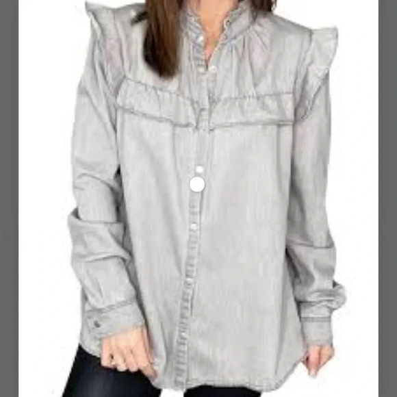 Women’s MAZIK DENIM GREY SHACKET SNAP BUTTON DOWN RUFFLES‎ SIZE LARGE - Picture 1 of 11